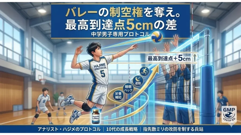 ネット際で高く跳ぶ中学男子バレーボール選手。制空権を奪う5cmの到達点差と、アルギニン5,000mgによる成長戦略を描いた図解画像。