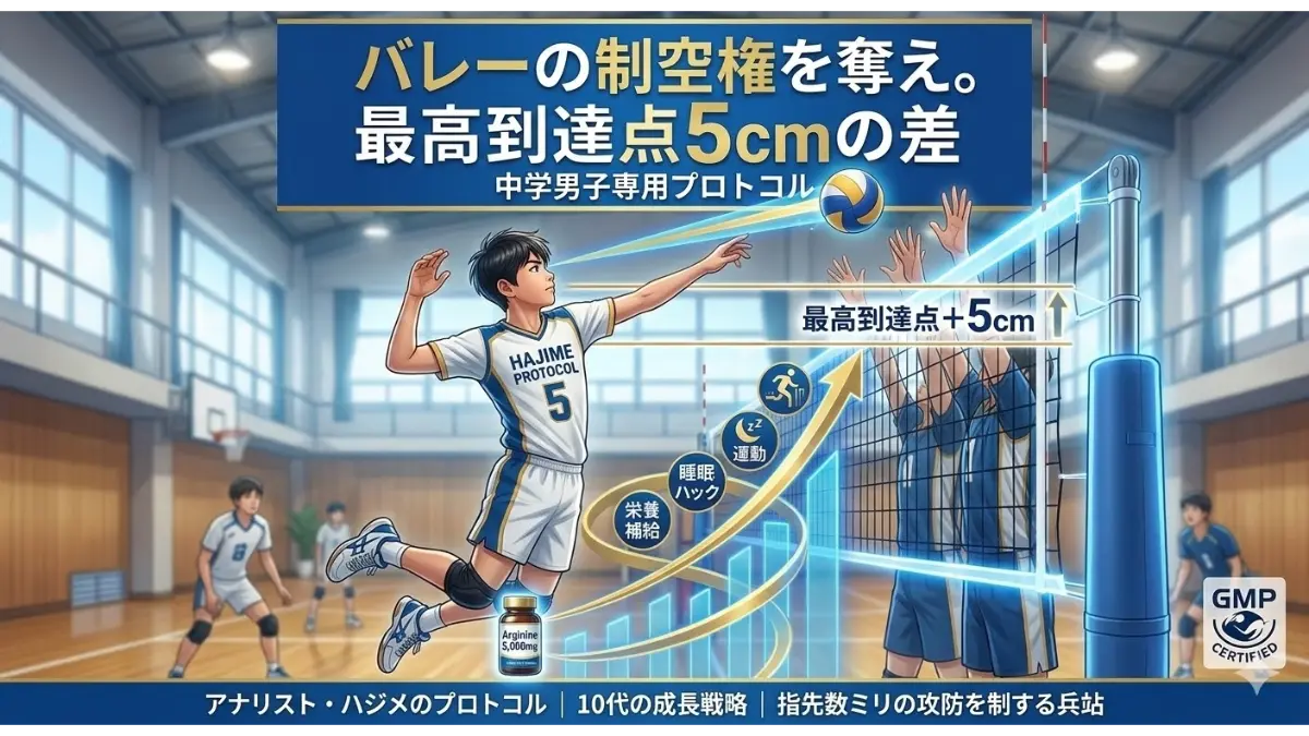 ネット際で高く跳ぶ中学男子バレーボール選手。制空権を奪う5cmの到達点差と、アルギニン5,000mgによる成長戦略を描いた図解画像。