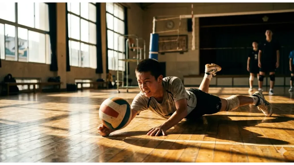 夕暮れの体育館で、小柄なバレーボール選手が床すれすれのボールをダイビングレシーブし、繋ぐ執念を見せる実写風の写真。