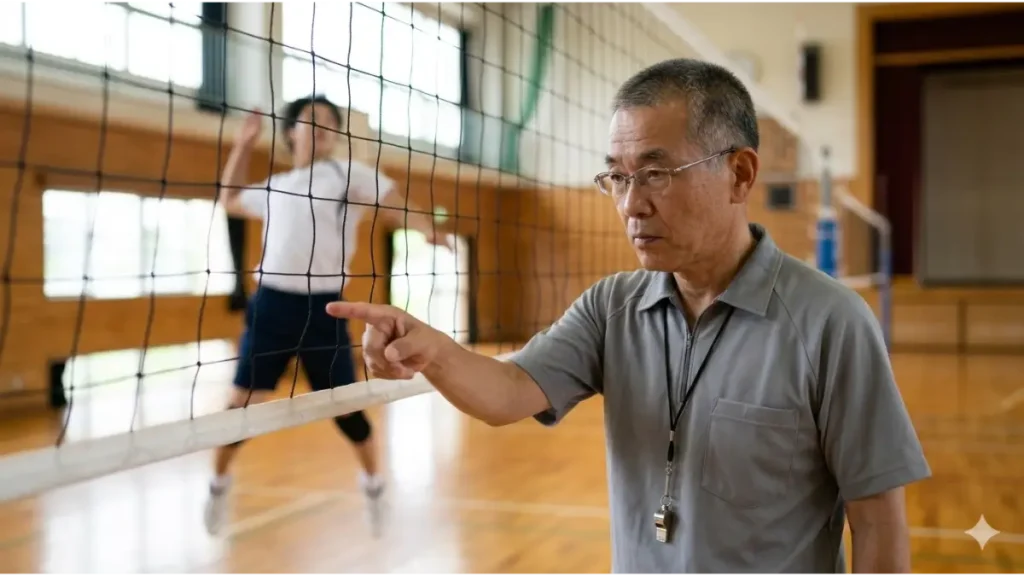 中学生バレーボールの試合で、JVA基準に則り厳格なジャッジを行う日本人の審判員。