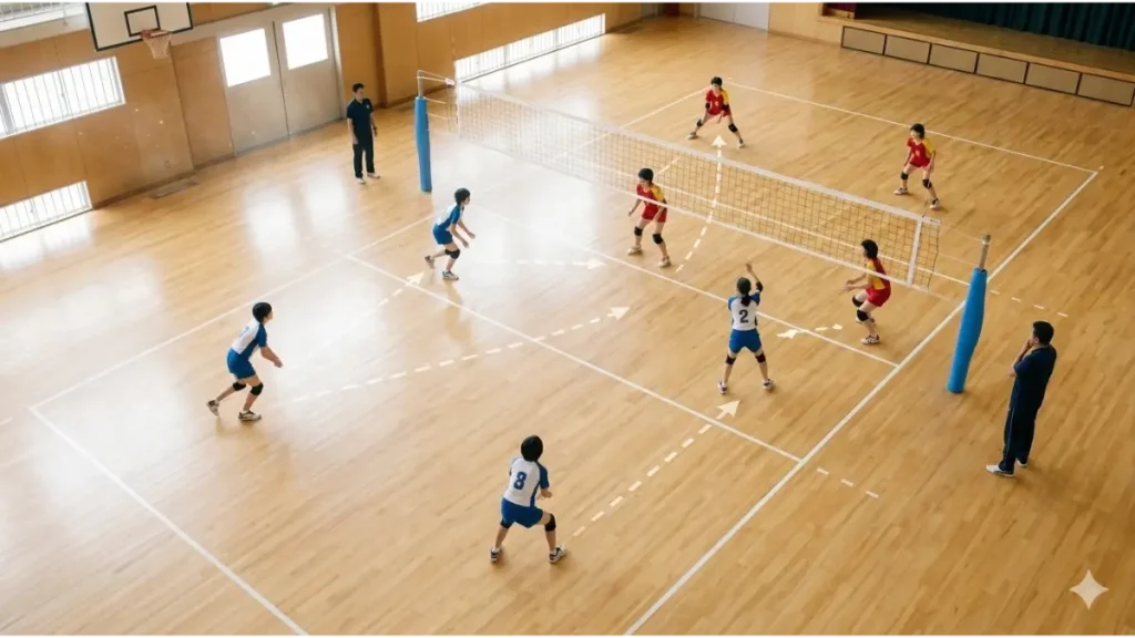 体育館の木床コートを上空から見た、日本人中学生バレーボールチームのローテーションとポジション移動の複雑な経路を示すタクティカルなイラスト。