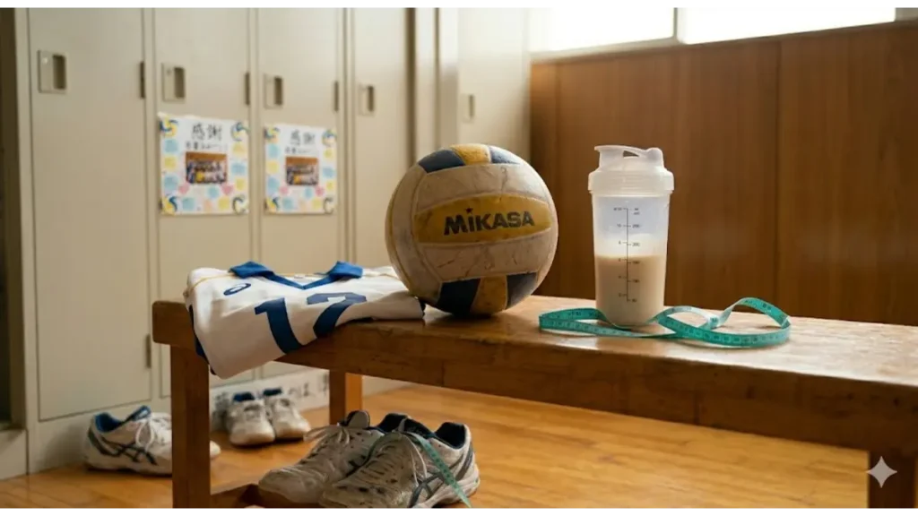 体育館の木製ベンチに置かれた使い込まれたバレーボールと、中身の入った無地のプロテインシェイカー、そしてメジャーテープ。ロッカールームのボケた背景。