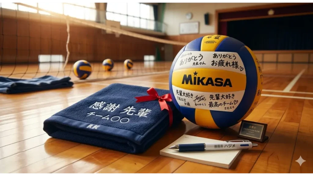 バレーボール部の体育館の床に、名入れ刺繍のタオル（ネイビー）と、チームメイトからの寄せ書きがぎっしり書かれたバレーボールが並べられた、先輩の引退祝い記念品の写真。タオルの刺繍には「先輩への感謝」が刻まれ、ボールには「ありがとう」「お疲れ様」などのメッセージが寄せられている。近くには小さなリボンや、名入れペンなども。
