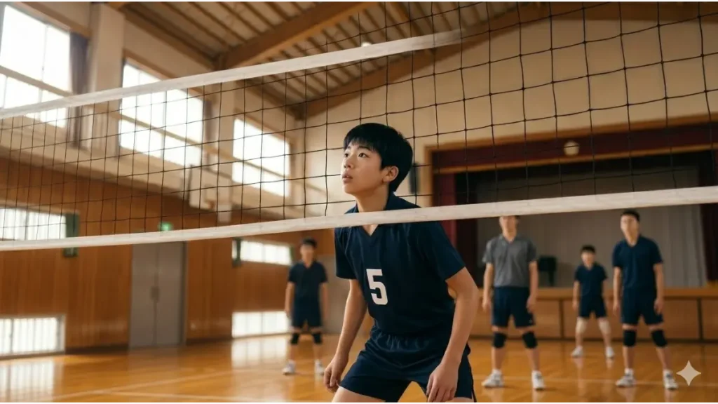 体育館のバレーボールコートで、ネットを見上げる中学生セッターを撮影したリアルな写真。体格の壁が強調されている。