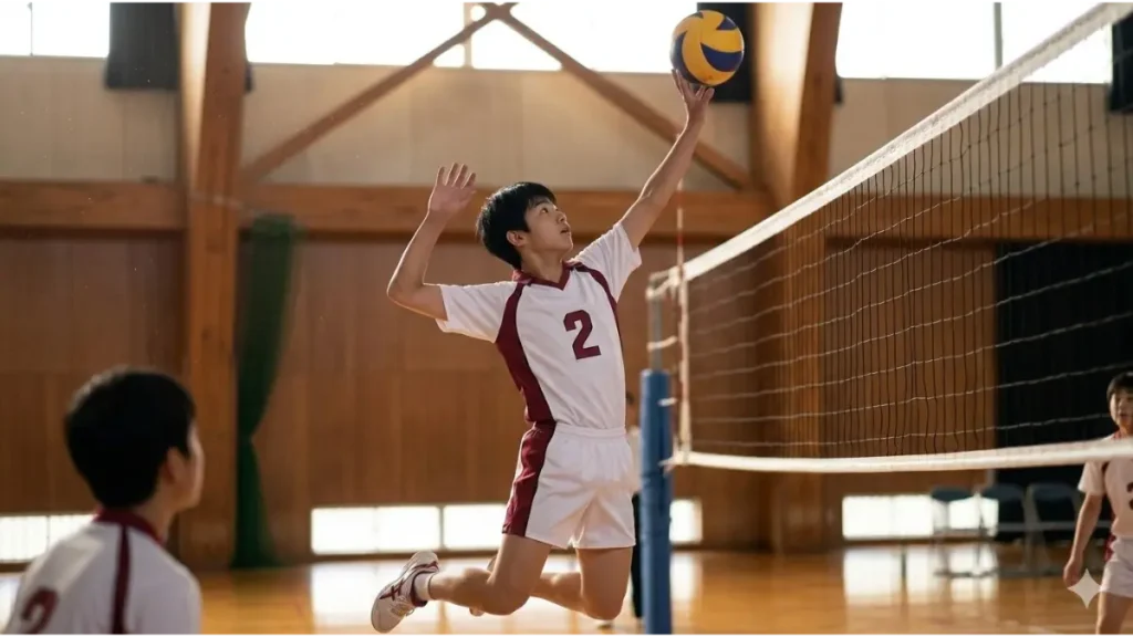 体育館のバレーボールコートで、自信を持って高く飛ぶ中学生セッターを撮影したリアルな写真。体格差を克服する希望がある。