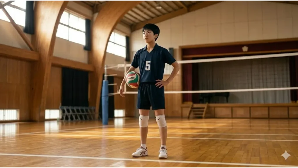 体育館のバレーボールコートで、自信を持って立ち、Molten製バレーボールを左腕に抱えた中学生セッターを撮影したリアルな写真。司令塔としての風格がある。