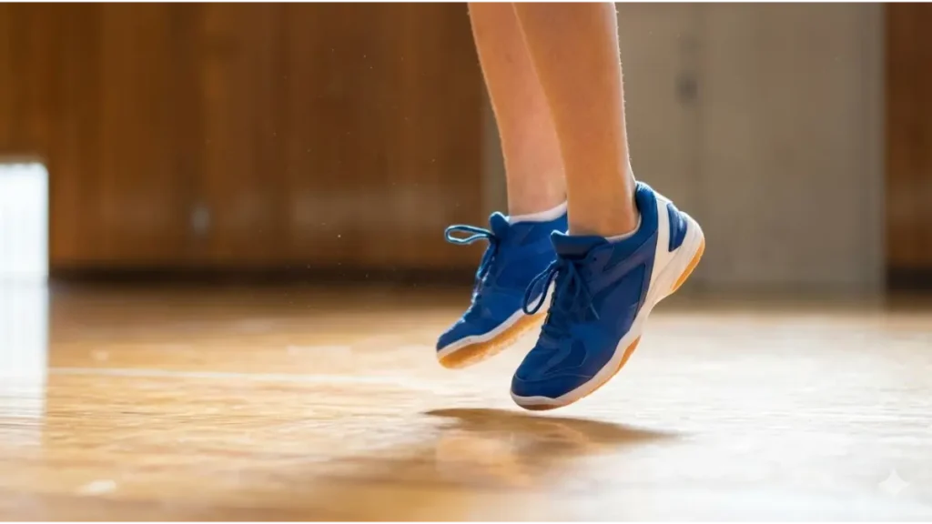 体育館の木床から爆発的にジャンプする、日本人中学生男子バレーボール選手の足元と青いシューズの接写写真。