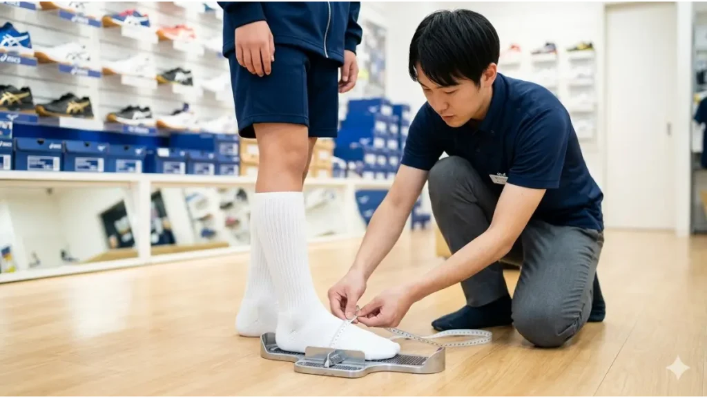 白いバレーボールソックスを履いた中学生男子の足元を、専門店スタッフがメジャーと専用の計測板で、足長だけでなく足幅(ワイズ)まで丁寧に計測している様子。