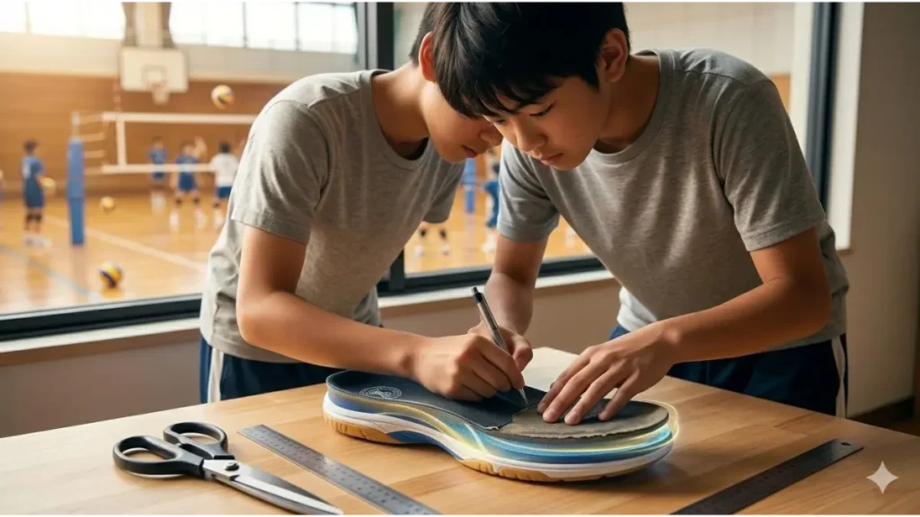 窓の外にバレーボールコートが見えるジムで、ハサミや定規のある木製テーブルを使い、2人の若い選手が集中してバレーボールシューズのアウトソールをペンで型取りしている。