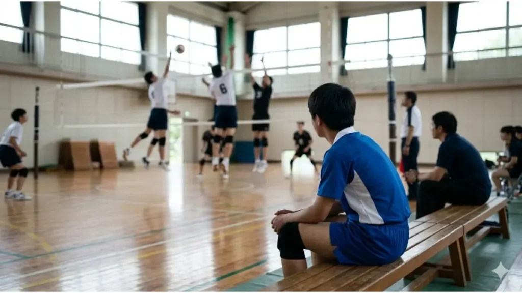 ハジメ( image_6.pngの小柄な選手)が体育館のベンチの端に座り、コート上の背の高い選手たちがスパイクとブロックを繰り広げる活発なプレーを見つめる。彼の羨望と後悔、寂しさを感じさせる表情。