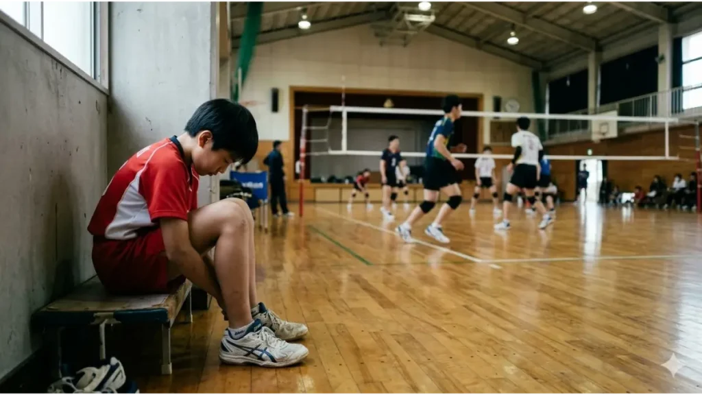 体育館の片隅に座り込み、自分の履いているバレーボールシューズを見つめる小柄な中学生男子。少し離れた場所で、背の高い選手たちが練習しているのがぼんやりと見える。少し切ない雰囲気。