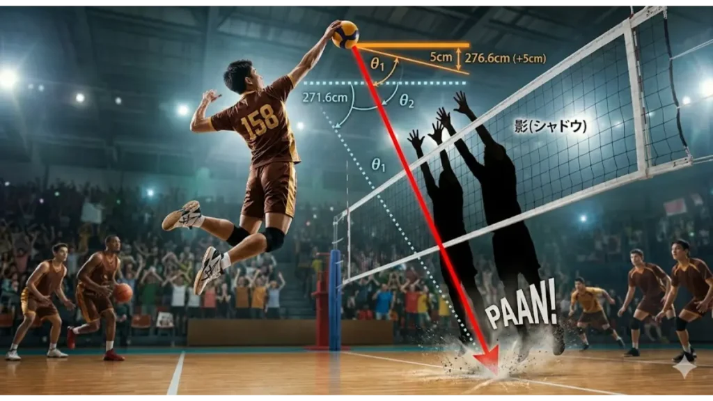 打点が5cm向上した際のスパイク軌道の変化を視覚化した図解。角度の増大によりブロックの上からインナーを射抜く幾何学的な優位性を示す。