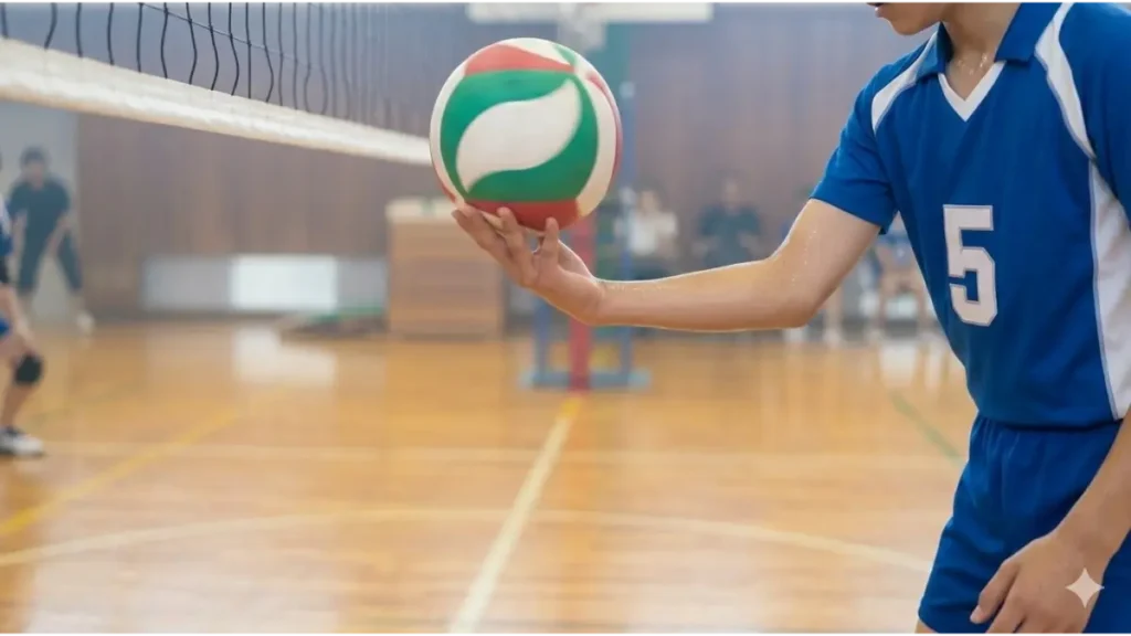 正確なミート技術でバレーボールにドライブ回転をかける日本の中学生の右手。