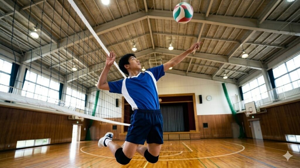 バイオメカニクスに基づき、肘を高く保ち左手でバランスをとる日本人中学生選手の理想的なスパイクフォーム。