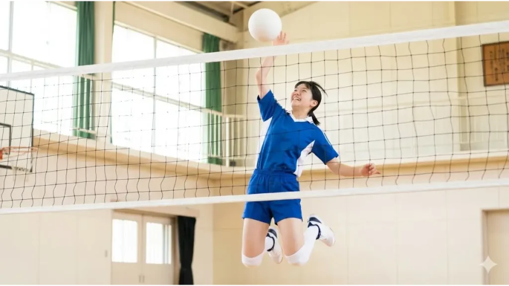 体育館で高くジャンプしてスパイクを打つ日本人中学生女子バレーボール選手。
