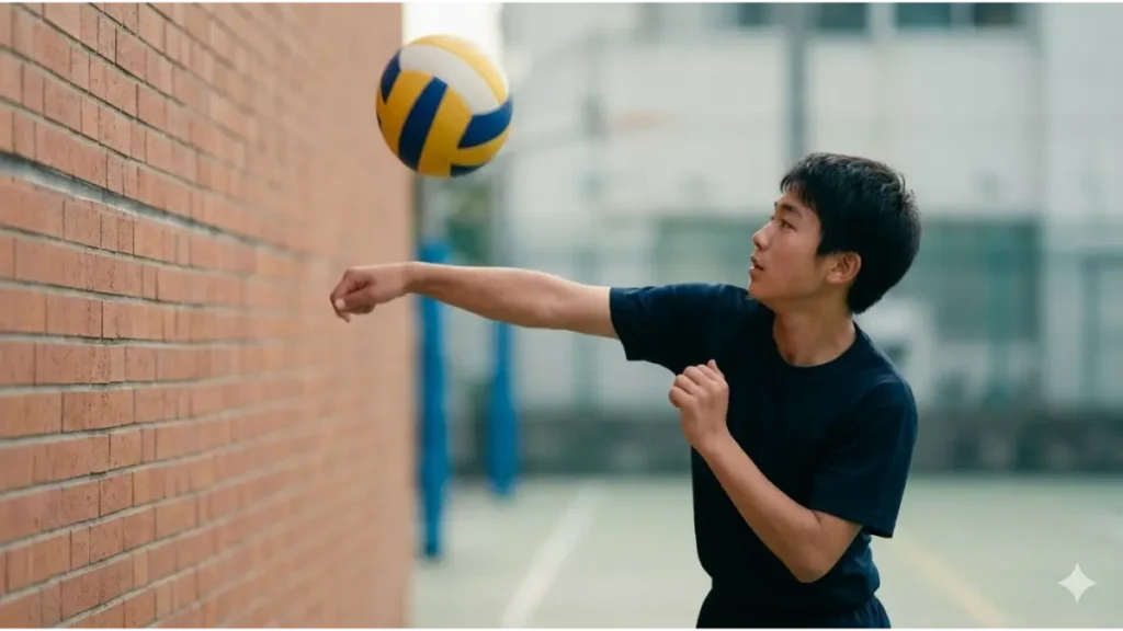 屋外の壁打ち練習で、正しいフォームでバレーボールをスパイクする中学生選手。理想のフォーム作りの練習風景。