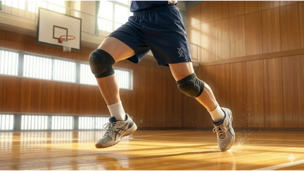 体育館の床を蹴ってスプリットステップを踏む、日本人中学生男子バレーボール選手の足元と下半身のアップ。Strategic Helix Emblem入りのショーツ。