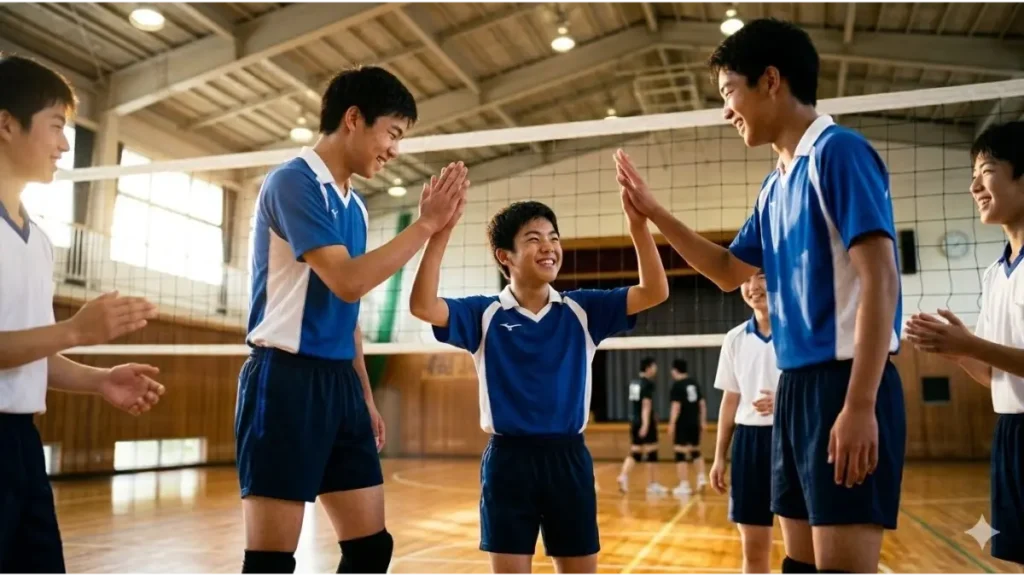 試合後に笑顔でハイタッチを交わす日本人中学生バレーボールチームの仲間たち。身長の差に関わらず全員が勝利を喜び、 camaraderie を象徴している。