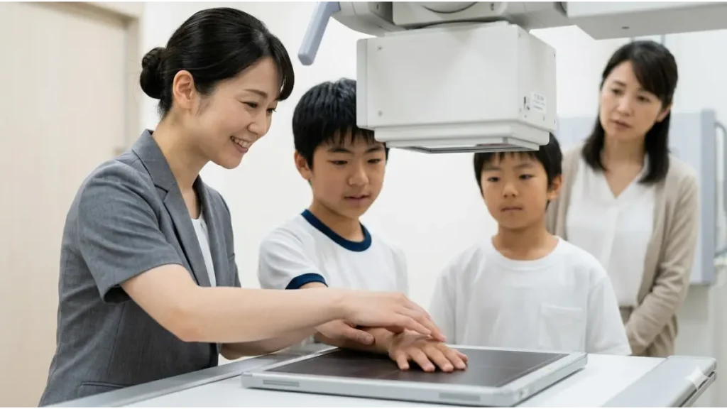 骨年齢を算出するための左手首レントゲン撮影シーン