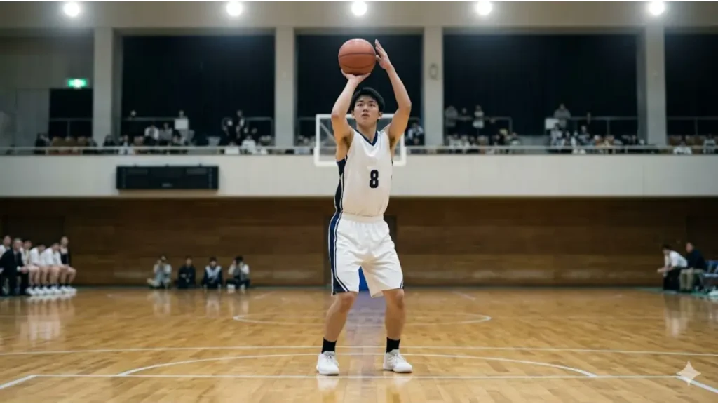 集中した表情で理想的なフォームからフリースローを放つ日本人バスケ選手