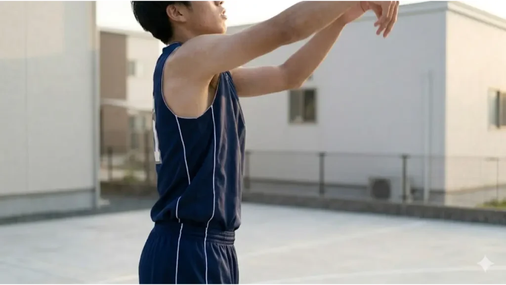 自宅庭のコートで、垂直跳びの最中、腕を激しく振り上げて身体の重心を引き上げようとする日本人の男子高校生バスケ部員。