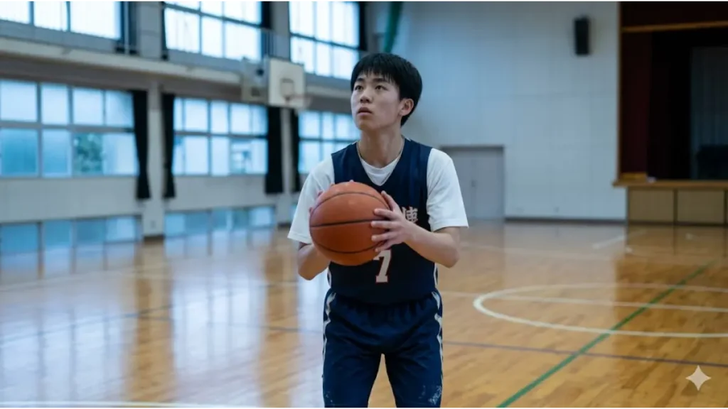 早朝の中学・高校体育館で、集中してフリースロー練習に励む日本人のバスケ部員の真剣な表情と手の様子。シュート精度を高める自主練。