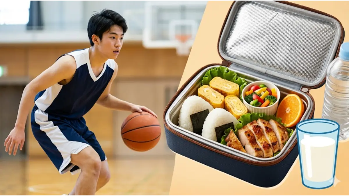 バスケ部の遠征に最適な栄養満点のお弁当と、コートでドリブルする日本人の中高生選手、成長期戦略のイメージ。