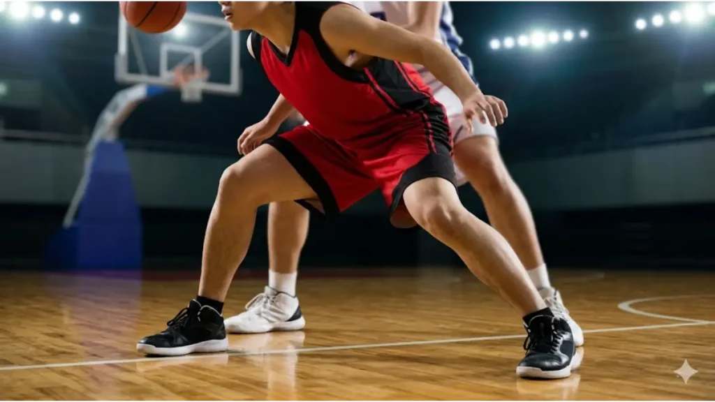 小柄な選手が低重心で背を向け相手を抑えるボックスアウトの姿勢