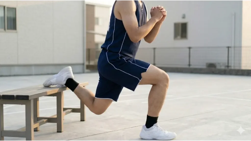 自宅庭のコートで、ベンチに片足を乗せてブルガリアンスクワットを行う日本人の男子高校生バスケ部員。片足の爆発力を高めるトレーニング。