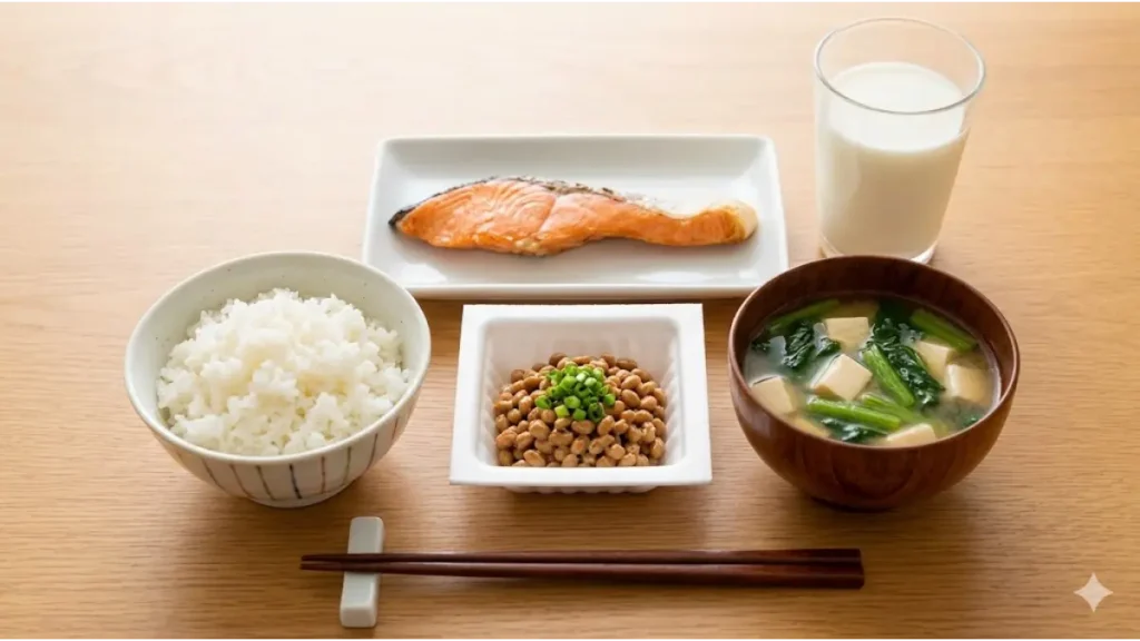 タンパク質(鮭)とミネラル(小松菜、牛乳)がバランスよく配置された、成長期アスリート向けの食事