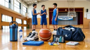 体育館の木製フロアに整然と並べられたバスケットボール、バッシュ、水筒、タオル、スポーツバッグ、エナジーゼリーなどのバスケ部合宿の必需品一式の16:9画像