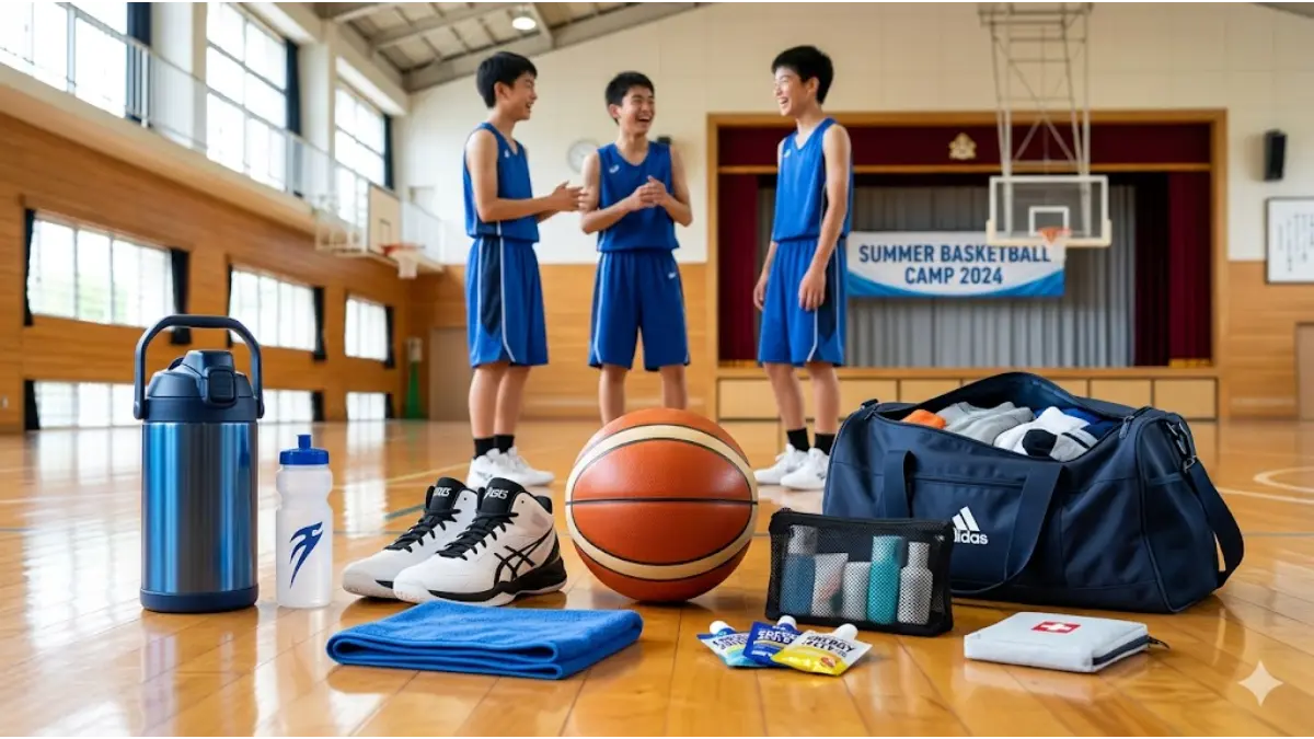 体育館の木製フロアに整然と並べられたバスケットボール、バッシュ、水筒、タオル、スポーツバッグ、エナジーゼリーなどのバスケ部合宿の必需品一式の16:9画像