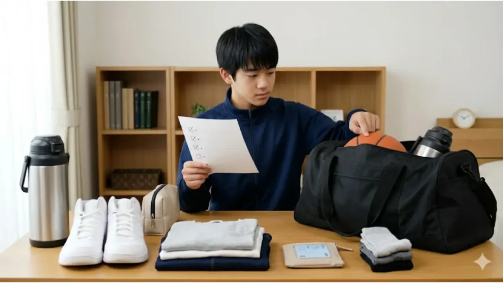 日本の家庭の子供部屋で、パッキングされたスポーツバッグと、チェックリスト（文字なし）を見ながら最終確認をする日本の高校生男子バスケットボール選手の16:9実写画像