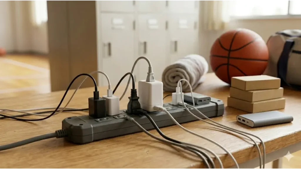 体育館のロッカー室にある 木製テーブルの上に置かれ、多数の充電器や電源アダプターが接続された、生活便利グッズとしての6口延長コードの16:9画像