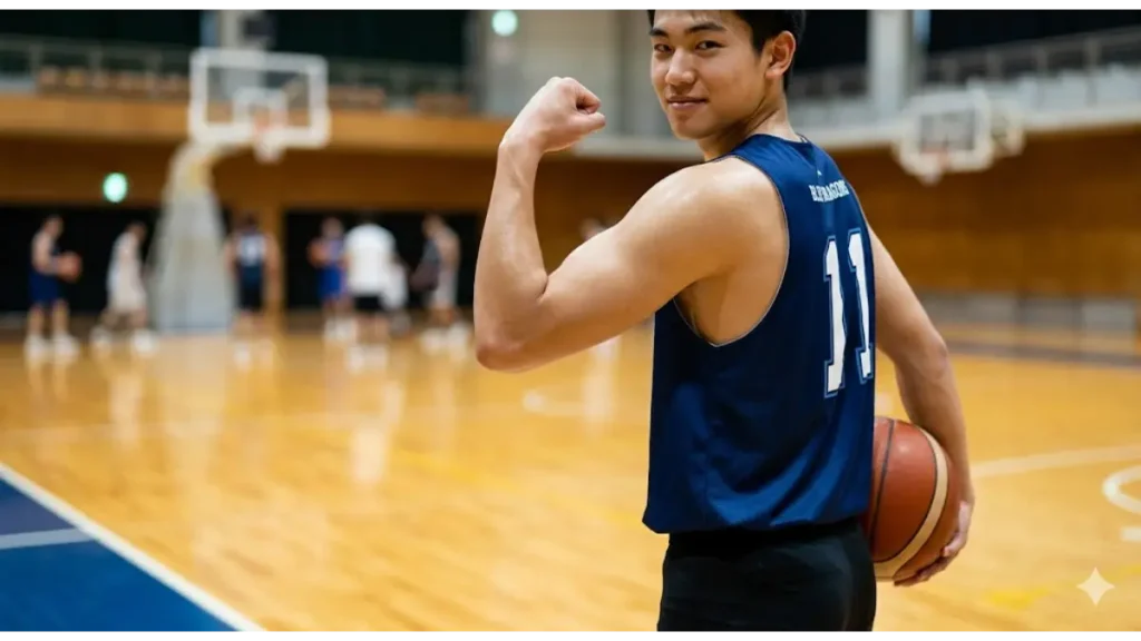 バスケ部員が脇毛処理による自信と清潔感を手にし、自信満々なプレーを貫くために腕を上げる瞬間。コート上での勝利の儀式。