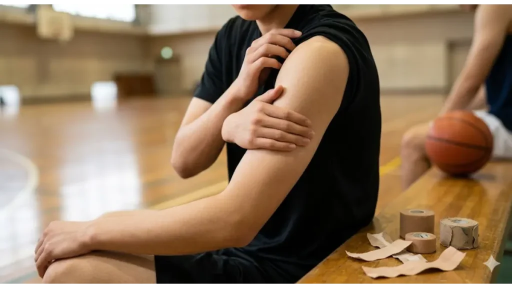 バスケ部員が練習後に、脇のムダ毛処理済みでテーピングを剥がしても痛みがないことを確認し、安堵した表情で肩のケアをする様子