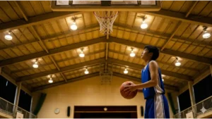 バスケ部で夜間練習をする男子中学生のシュートフォーム