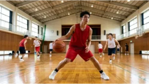 日本の高校の体育館で、男子生徒が真剣な表情でドリブル練習をする様子。他の部員たちも周囲で練習に励んでおり、バスケットボール部の活気ある雰囲気が伝わる。