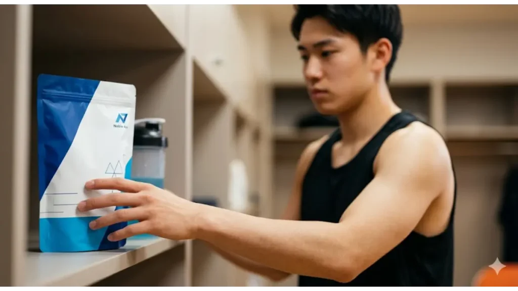 バスケ部員が努力の限界を越えて体格差を埋める戦略的補給として、練習後にロッカールームでサプリメント(ノビエース)を摂取する様子。脇毛処理による清潔な肌。