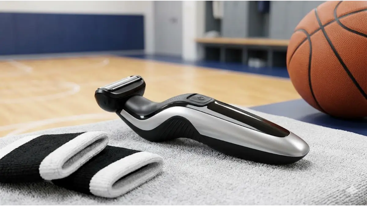 バスケ部の中高生向けの身だしなみ戦略として、脇毛処理用の電気ボディシェーバーがバスケットボールのロッカールームに置かれている様子