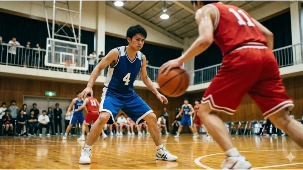 バスケットボールの試合で、ディフェンスの足が動かず相手選手に抜かれる日本人高校生。体育館の木製コートで悔しそうな表情を浮かべる。