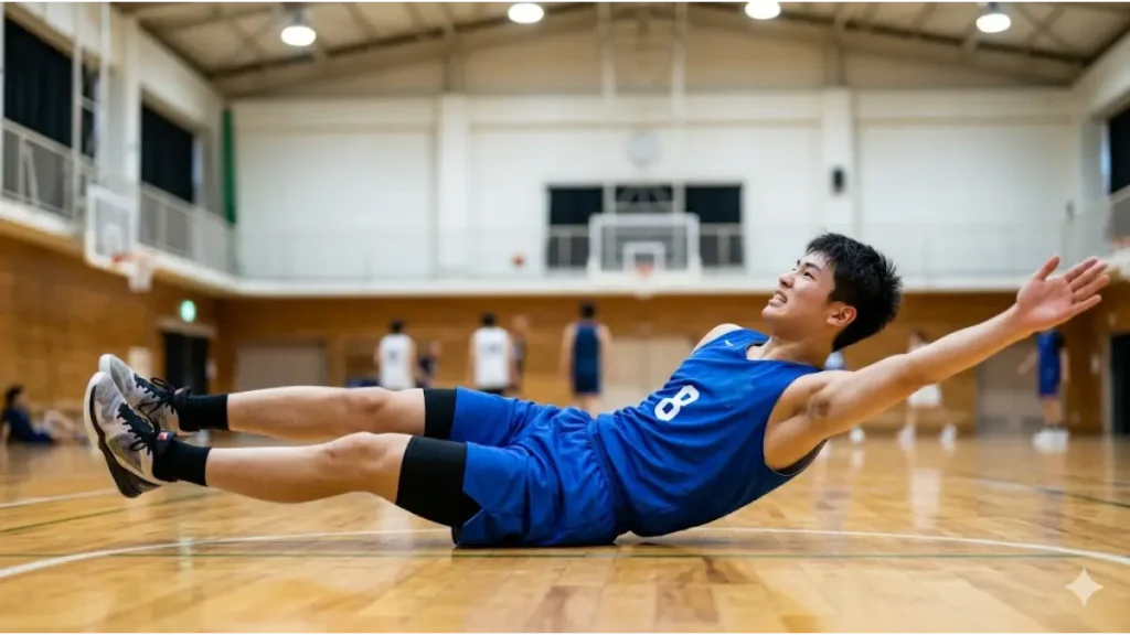 バスケの練習で日本人の男子選手が仰向けで手足を対角に動かす動的体幹トレーニングを行う姿