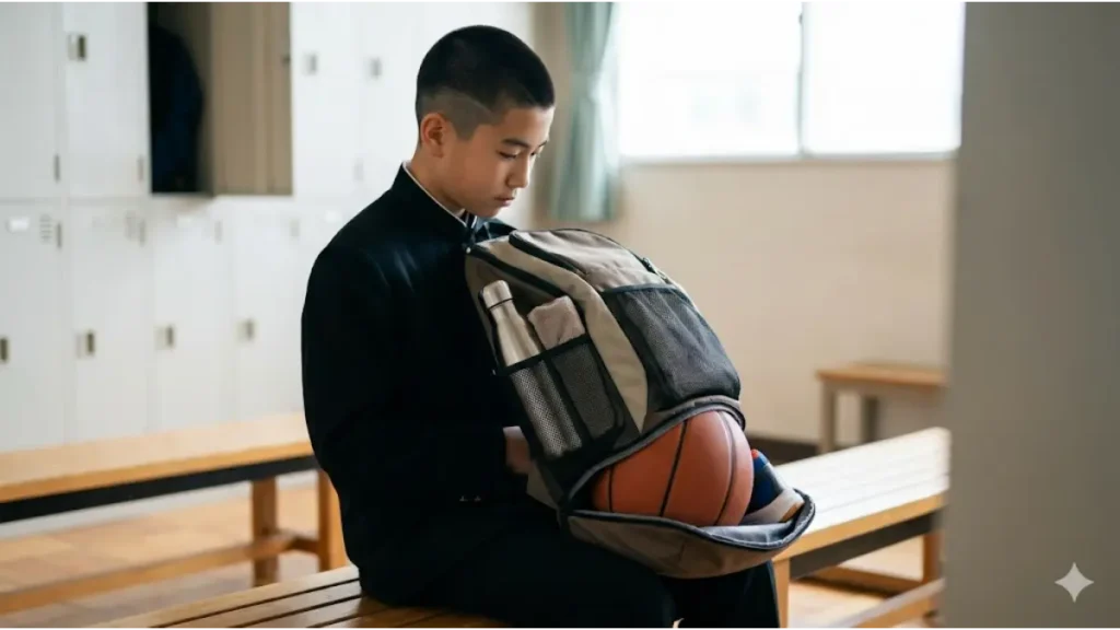 アジア人の男子中学生が、ボールやバッシュが収納できる専用のバックパックを部活の更衣室で確認している様子。