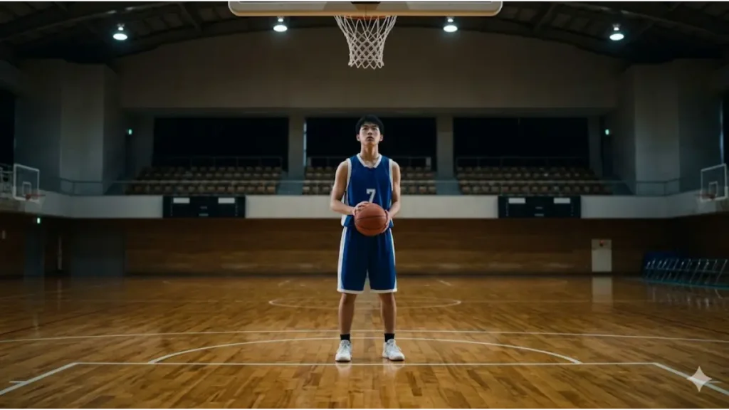 バスケ部の試合でフリースローラインに立ち、緊張感の中でゴールを見据える日本人選手