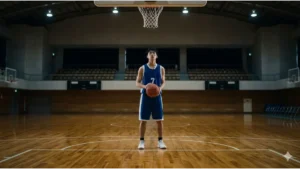 バスケ部の試合でフリースローラインに立ち、緊張感の中でゴールを見据える日本人選手