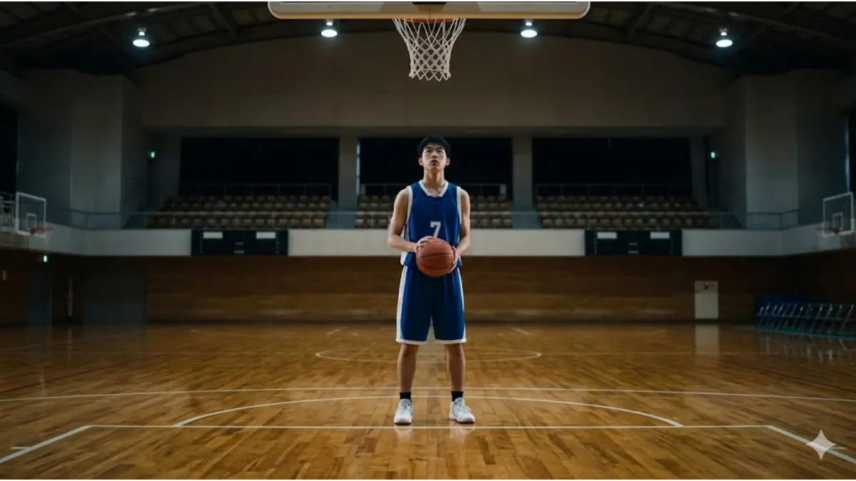 バスケ部の試合でフリースローラインに立ち、緊張感の中でゴールを見据える日本人選手
