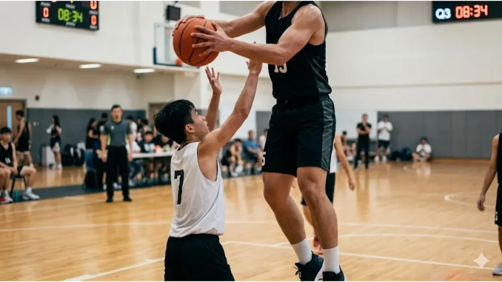 バスケの試合でリバウンドを競り合う体格差のある選手たち。成長期の身体づくりの重要性を表現。