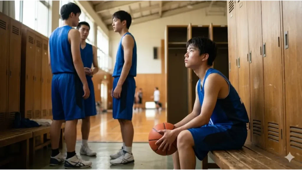 体育館のロッカー室で、身長の高いチームメイト（2人）を羨ましそうに見上げる小柄な日本人男子中学生バスケットボール選手の16:9画像