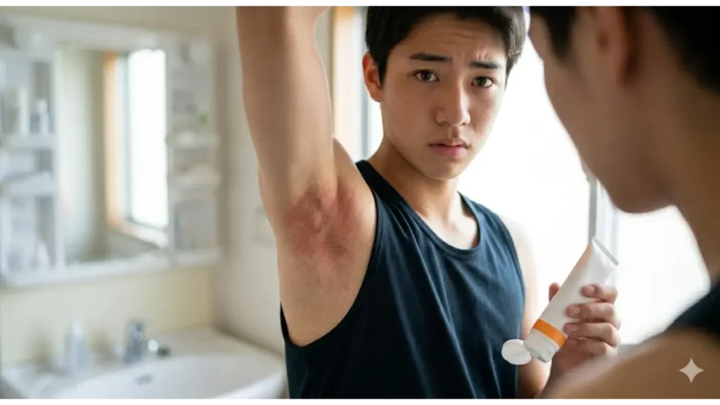 バスケ部の中高生が除毛クリームを使用する際のデメリットとして、脇の肌トラブル(赤みや腫れ)が生じ、心配な表情で肩のケアをする様子