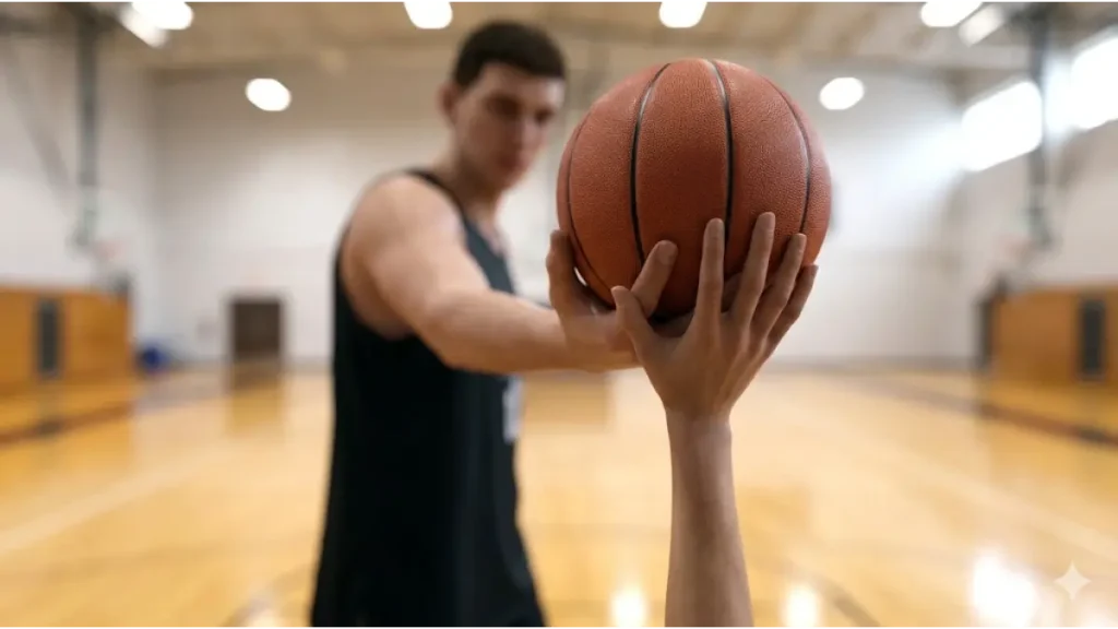 バスケットボールコートで、非常に背の高い選手の腕が頭上高く伸び、ボールを保持している。その下で、小柄な日本人男子選手がボールを見上げている。